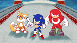 Size: 5757x3234 | Tagged: safe, artist:mercadex_8, knuckles the echidna, miles "tails" prower, sonic the hedgehog, sonic heroes, 2025, abstract background, daytime, eyewear on head, frown, goggles, goggles on head, ocean palace, outdoors, pointing, redraw, standing, team sonic, trio, water