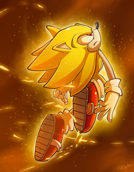Size: 1496x1916 | Tagged: safe, artist:kelskora, sonic the hedgehog, super sonic, 2016, abstract background, flying, frown, glowing, looking up, mid-air, solo, super form