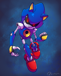 Size: 1610x1995 | Tagged: safe, artist:kelskora, metal sonic, 2016, black sclera, clenched teeth, glowing eyes, gradient background, looking at viewer, mid-air, robot, signature, solo
