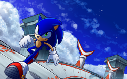 Size: 2900x1800 | Tagged: safe, artist:kelskora, sonic the hedgehog, bird, sonic heroes, 2016, abstract background, clenched fist, clouds, daytime, literal animal, looking at viewer, ocean palace, outdoors, running, smile, solo