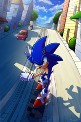 Size: 850x1280 | Tagged: safe, artist:kelskora, sonic the hedgehog, city escape, sonic adventure 2, 2016, abstract background, building, car, clouds, daytime, outdoors, smile, solo, tree