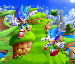 Size: 3700x3200 | Tagged: safe, artist:kelskora, sonic the hedgehog, green hill zone, 2016, abstract background, bush, classic sonic, clouds, daytime, duo, flower, grass, lineless, looking at each other, loop, outdoors, palm tree, pointing, running, self paradox, signature, smile, smiling at each other, sonic generations, sunflower, v sign, water