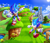 Size: 3700x3200 | Tagged: safe, artist:kelskora, sonic the hedgehog, green hill zone, 2016, abstract background, bush, classic sonic, clouds, daytime, duo, flower, grass, lineless, looking at each other, loop, outdoors, palm tree, pointing, running, self paradox, signature, smile, smiling at each other, sonic generations, sun, sunflower, v sign, water