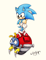 Size: 1752x2269 | Tagged: safe, artist:rawn89, moto bug, sonic the hedgehog, 2017, badnik, classic sonic, duo, robot, scratching head, signature, simple background, smile, standing, standing on them, unaware, white background