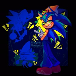 Size: 2048x2048 | Tagged: safe, artist:wumpa_tea, sonic the hedgehog, 2023, abstract background, beanie, cosplay, crossover, exclamation mark, hat, lidded eyes, looking at viewer, looking back, looking back at viewer, parappa the rapper, signature, smile, solo, standing, v sign