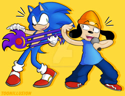Size: 1024x792 | Tagged: safe, artist:toonillusion, sonic the hedgehog, dog, hedgehog, 2021, crossover, deviantart watermark, duo, eyebrow clipping through clothes, floating eyebrows, guitar, holding something, looking at them, microphone, mouth open, obtrusive watermark, parappa the rapper, signature, simple background, singing, smile, standing, watermark, yellow background