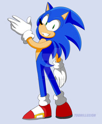 Size: 1024x1243 | Tagged: safe, artist:toonillusion, sonic the hedgehog, hedgehog, 2021, blue background, cel shaded, clenched teeth, deviantart watermark, looking at viewer, looking back, looking back at viewer, obtrusive watermark, signature, simple background, smile, smiling at viewer, solo, standing, watermark