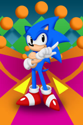 Size: 675x1010 | Tagged: safe, artist:professorzolo, sonic the hedgehog, sonic the hedgehog 2, 2008, abstract background, arms folded, classic sonic, classic style, lineless, looking at viewer, pointing, smile, smiling at viewer, solo, special stage, standing