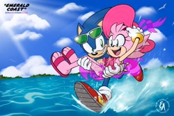 Size: 2048x1365 | Tagged: safe, artist:evayart, amy rose, sonic the hedgehog, abstract background, amy x sonic, beach, clouds, daytime, duo, outdoors, running, running on water, shipping, straight, water