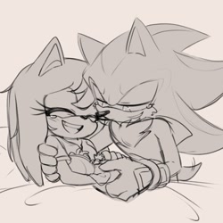 Size: 833x833 | Tagged: safe, artist:inked_whimsy, amy rose, shadow the hedgehog, 2025, amy x shadow, baby, fankid, greyscale, line art, monochrome, parent:amy, parent:shadow, parents:shadamy, shipping, sketch, straight, trio