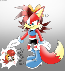 Size: 3000x3300 | Tagged: safe, artist:fartist2020, fiona fox, sally acorn, cross popping vein, dialogue, duo, english text, exclamation mark, gradient background, outfit swap, question mark, sally's ringblader outfit, text