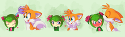 Size: 3500x1033 | Tagged: safe, artist:montyth, cosmo the seedrian, miles "tails" prower, 2025, blushing, duo, gradient background, heart, nuzzle, shipping, smile, straight, tailsmo, watering can