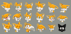 Size: 4545x2219 | Tagged: safe, artist:montyth, miles "tails" prower, 2025, :3, :<, angry, arms folded, blushing, bust, crying, dark bags under eyes, expression sheet, eyes closed, floppy ears, frown, grey background, holding something, holding tail, lidded eyes, looking offscreen, mouth open, mug, one eye closed, sad, scared, shrunken pupils, simple background, smile, smug, solo, surprised, tears, tears of sadness, tired