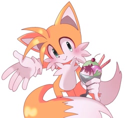 Size: 1127x1064 | Tagged: safe, artist:mary7ka55778, miles "tails" prower, 2025, :>, blushing, cherry, cute, food, holding something, ice cream, looking at viewer, sauce, simple background, smile, smiling at viewer, solo, standing, tailabetes, white background