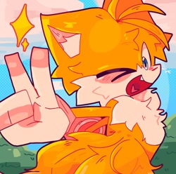 Size: 1044x1034 | Tagged: safe, artist:zwolf301, miles "tails" prower, 2025, clouds, daytime, fluffy, heart tongue, looking at viewer, mouth open, one fang, open smile, outdoors, smile, smiling at viewer, solo, sparkles, standing, v sign, wink