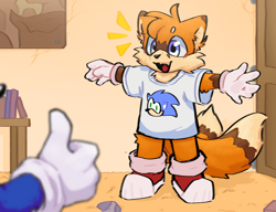 Size: 1300x1000 | Tagged: safe, artist:tornboxtop, miles "tails" prower, sonic the hedgehog, 2025, abstract background, beanbrows, book, cute, door, duo, ear fluff, fur markings, indoors, leg fluff, mouth open, offscreen character, one fang, open smile, redraw, shirt, smile, smiling at them, solo focus, standing, t-pose, table, tailabetes, thumbs up