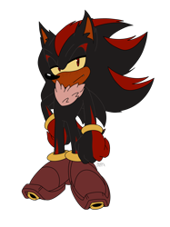 Size: 2048x2732 | Tagged: safe, artist:catbathimbo, shadow the hedgehog, 2024, alternate universe, asexual, brown shoes, chest fluff, claws, demiromantic, ear fluff, flat colors, freckles, gloves off, hand on hip, lidded eyes, looking at viewer, one fang, simple background, smile, smiling at viewer, solo, standing, tan skin, transparent background, yellow sclera