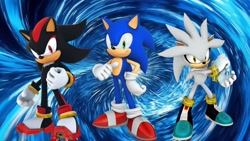 Size: 1920x1080 | Tagged: safe, artist:soniclover82, shadow the hedgehog, silver the hedgehog, sonic the hedgehog, 3d, trio, wallpaper