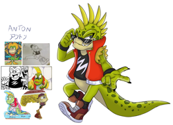 Size: 1874x1347 | Tagged: safe, artist:cyclone62, 2021, anton veruca, character name, claws, clothes, fangs, gilet, jacket, japanese text, looking at viewer, redesign, reference inset, shirt, simple background, solo, sonic the hedgehog (shogakukan), sunglasses, white background, wristband