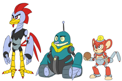 Size: 3000x2000 | Tagged: safe, artist:cyclone62, coconuts, grounder, scratch, adventures of sonic the hedgehog, 2020, coconut, flat colors, food, holding something, looking offscreen, redesign, robot, standing, trio, yellow sclera