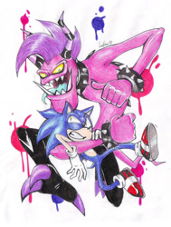 Size: 1024x1352 | Tagged: safe, artist:auroblaze, sonic the hedgehog, zazz, hedgehog, zeti, 2013, clenched teeth, duo, eye twitch, fangs, headlock, looking at them, looking at viewer, mouth open, paint, paint splatter, pointing, sharp teeth, simple background, sonic lost world, tongue out, traditional media, white background, yellow sclera