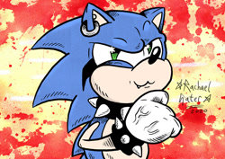Size: 1280x905 | Tagged: safe, artist:hyperdeathree, sonic the hedgehog, sonic mania adventures, 2020, :3, abstract background, blood, blood splatter, classic sonic, ear piercing, earring, one fang, redraw, redraw challenge, signature, smile, smiling at viewer, solo, spiked bracelet, spiked collar, veins