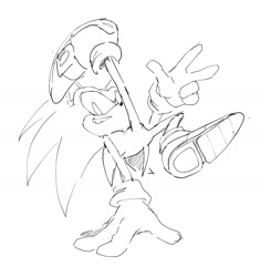 Size: 965x1027 | Tagged: safe, artist:terusada1, sonic the hedgehog, 2025, clenched teeth, handstand, leg up, line art, monochrome, posing, simple background, sketch, smile, smiling at viewer, solo, v sign, white background