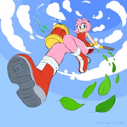 Size: 4096x4096 | Tagged: safe, artist:flameeliwood, amy rose, abstract background, clouds, from below, leaf, piko piko hammer, solo