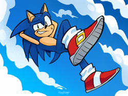 Size: 2048x1536 | Tagged: safe, artist:frogswamp-mp3, sonic the hedgehog, 2025, abstract background, arms behind head, clenched teeth, clouds, daytime, falling, looking at viewer, mid-air, nike mouth, outdoors, sky background, smile, solo, sweatdrop, this will end in pain, this won't end well