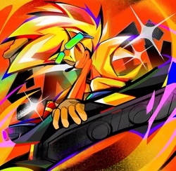 Size: 2048x1995 | Tagged: safe, artist:kuroiyuki96, sonic the hedgehog, super sonic, 2025, abstract background, extreme gear, holding something, looking at viewer, smile, smiling at viewer, solo, sonic riders, sparkles, super form