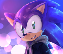 Size: 2048x1733 | Tagged: safe, artist:sakaruchibi, sonic the hedgehog, 2025, abstract background, clothes, crossover, hoodie, jinu (k-pop demon hunters), k-pop demon hunters, looking at viewer, signature, smile, smiling at viewer, solo, watermark