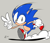 Size: 1744x1507 | Tagged: safe, artist:jaqartdood, sonic the hedgehog, 2022, classic sonic, classic sonic (universe), dust clouds, grey background, running, shadow (lighting), signature, simple background, smile, smiling at viewer, solo, v sign