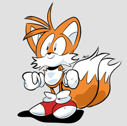 Size: 1963x1943 | Tagged: safe, artist:jaqartdood, miles "tails" prower, 2021, classic tails, clenched fists, grey background, shadow (lighting), signature, simple background, smile, solo, standing