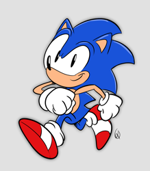 Size: 1443x1647 | Tagged: safe, artist:jaqartdood, sonic the hedgehog, 2021, classic sonic, clenched fists, grey background, looking at viewer, signature, simple background, smile, smiling at viewer, solo, walking