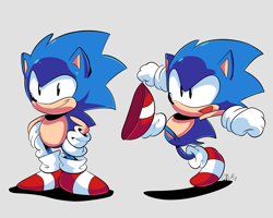 Size: 2651x2122 | Tagged: safe, artist:jaqartdood, sonic the hedgehog, 2022, classic sonic, clenched fists, grey background, hands on hips, looking at viewer, looking offscreen, mouth open, open smile, shadow (lighting), signature, simple background, smile, smiling at viewer, solo, standing, standing on one leg