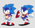 Size: 2651x2122 | Tagged: safe, artist:jaqartdood, sonic the hedgehog, 2022, classic sonic, classic sonic (universe), clenched fists, grey background, hands on hips, looking at viewer, looking offscreen, mouth open, open smile, shadow (lighting), signature, simple background, smile, smiling at viewer, solo, standing, standing on one leg