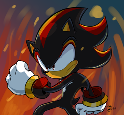 Size: 1689x1567 | Tagged: safe, artist:jaqartdood, shadow the hedgehog, 2022, abstract background, clenched fist, fire, frown, looking offscreen, signature, solo