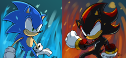 Size: 2976x1372 | Tagged: safe, artist:jaqartdood, shadow the hedgehog, sonic the hedgehog, 2022, abstract background, alternate version, clenched fist, duo, fire, frown, signature, smile, standing