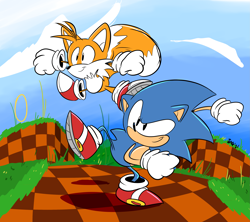 Size: 3525x3128 | Tagged: safe, artist:jaqartdood, miles "tails" prower, sonic the hedgehog, green hill zone, 2021, abstract background, classic sonic, classic tails, clenched fists, clouds, daytime, duo, flying, grass, looking offscreen, mid-air, outdoors, ring, shadow (lighting), signature, smile, standing, standing on one leg