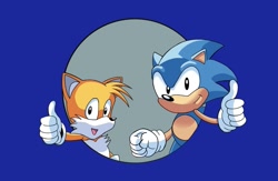 Size: 1113x727 | Tagged: safe, artist:christiandrawsalot, miles "tails" prower, sonic the hedgehog, adventures of sonic the hedgehog, 2023, classic sonic, classic tails, clenched fist, double thumbs up, duo, open smile, redraw, smile, smiling at viewer, thumbs up
