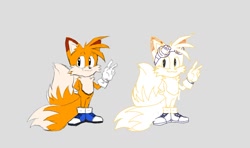 Size: 1200x712 | Tagged: safe, artist:sonicalter, miles "tails" prower, fox, 2023, blue background, brown tipped ears, duality, ear fluff, flat colors, fur markings, goggles, grey background, hand behind back, male, simple background, sketch, smile, solo, v sign