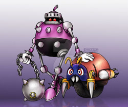 Size: 1024x860 | Tagged: safe, artist:dinsanon, moto bug, 2018, badnik, chain, deviantart watermark, duo, gradient background, heavy rider, holding something, looking offscreen, obtrusive watermark, robot, signature, watermark, weapon