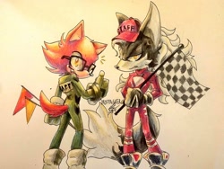 Size: 1024x768 | Tagged: safe, artist:kingofhighlands, gadget the wolf, infinite the jackal, 2019, baseball cap, bodysuit, cap, checkered flag, clothes, duo, flag, frown, gloves, hat, holding something, lidded eyes, looking at viewer, mouth open, one fang, open smile, shoes, signature, smile, smiling at viewer, standing, team sonic racing, thumbs up, traditional media, trainers