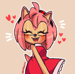 Size: 1280x1265 | Tagged: safe, artist:starchanto, amy rose, hedgehog, 2020, amybetes, beige background, blushing, cute, eyes closed, heart, mouth open, open smile, outline, signature, simple background, smile, solo, standing