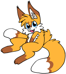 Size: 1332x1503 | Tagged: safe, artist:marsupial-emojigraphs, miles "tails" prower, back fluff, barefoot, beanbrows, ear fluff, flat colors, fur markings, hands between legs, looking at viewer, one fang, outline, paws, simple background, sitting, smile, smiling at viewer, solo, tail fluff, transparent background