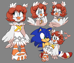 Size: 1682x1432 | Tagged: safe, artist:bubblysoaps, princess elise, sonic the hedgehog, bird, hedgehog, sonic the hedgehog (2006), 2018, carrying them, dove, duo, grey background, heart, mobianified, simple background, smile, standing