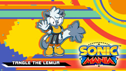 Size: 1920x1080 | Tagged: safe, artist:bakahorus, tangle the lemur, sonic mania, 2018, abstract background, character name, classic tangle, looking at viewer, outline, solo, standing, waving