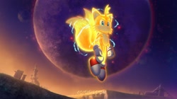 Size: 2048x1148 | Tagged: safe, artist:rero_nn, miles "tails" prower, super tails, oc, oc:super tails 2, fox, sonic frontiers, 2025, abstract background, alternate universe, au:tails frontiers, electricity, flying, frown, looking at viewer, mid-air, moon, outdoors, solo, super form, the end