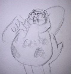 Size: 1958x2048 | Tagged: safe, artist:peppermintsrb2, owl, 2025, chubby, eyes closed, hand behind head, line art, monochrome, mouth open, nite the owl, open smile, pencilwork, smile, solo, standing, traditional media