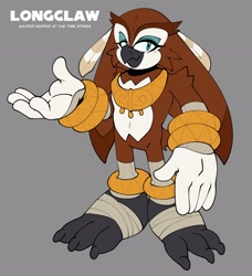 Size: 1871x2048 | Tagged: safe, artist:ferretfresh, longclaw, bird, owl, 2022, character name, flat colors, grey background, lidded eyes, redesign, simple background, smile, smiling at viewer, solo, standing, text